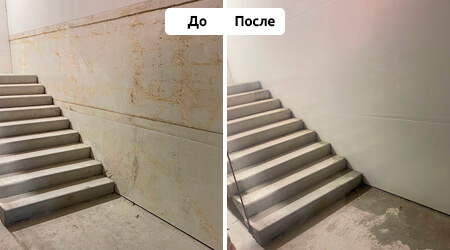 Послестроительная уборка склада. Мытье панелей на предприятии.